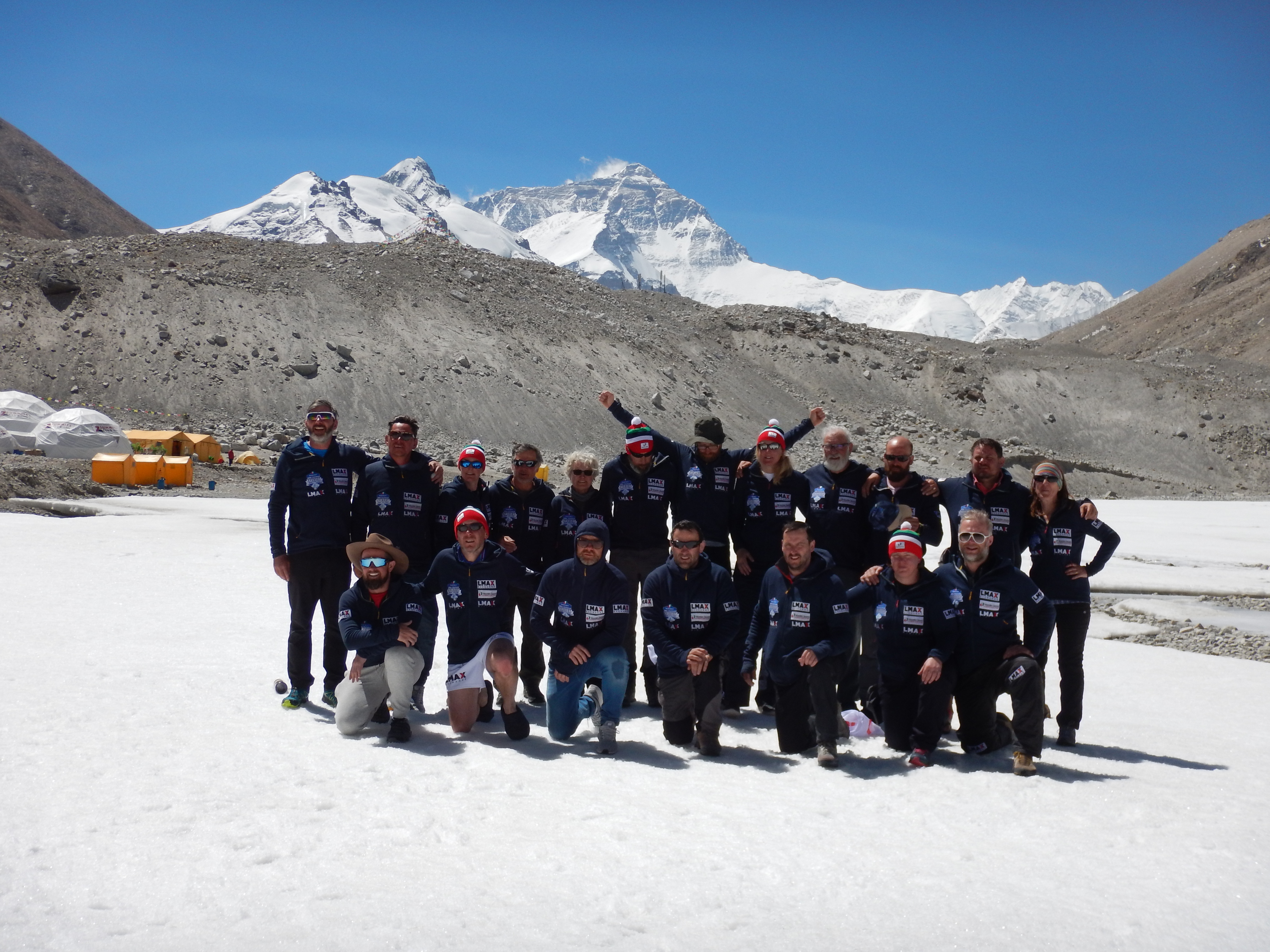 The Team posing on the pitch at Everest Base Camp, Tibet , China  (28°8′29″N 86°51′5″E).